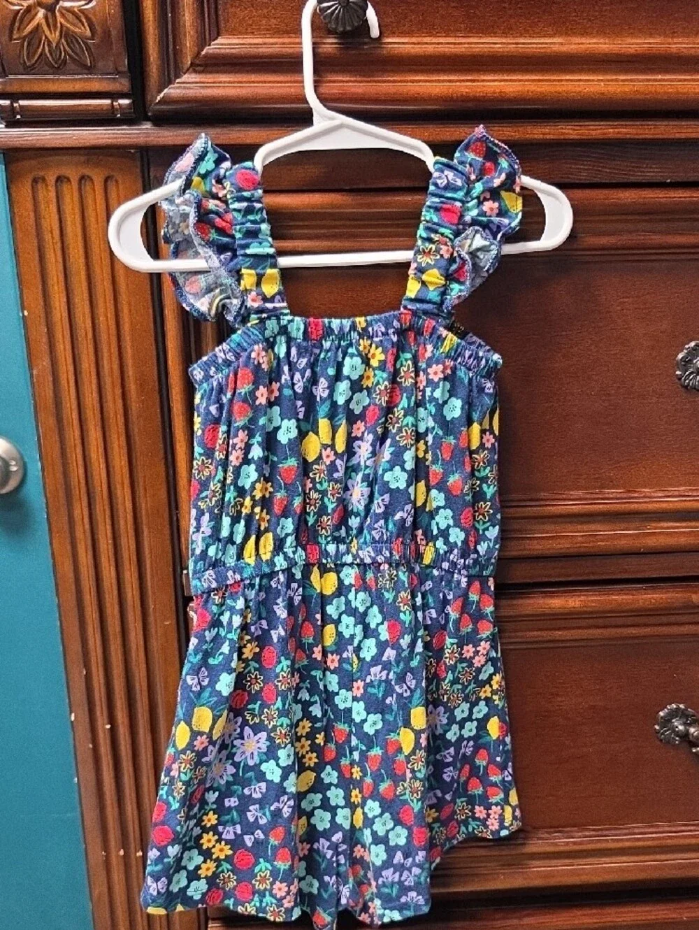 Old Navy Navy Multicolor Floral Ruffle-Strap Romper Dress